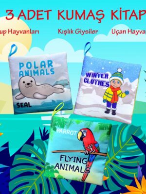 Lisinya247 3 Kitap  İngilizce Kutup Hayvanları , Uçan Hayvanlar ve Kışlık Giysiler Kumaş Sessiz Kitap