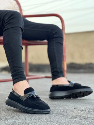 Lisinya946 Bağcıksız Yüksek Taban Klasik Siyah Süet Parlak Kuşaklı Püsküllü Erkek Ayakkabı