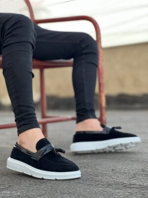 Lisinya946 Bağcıksız Yüksek Taban Siyah Beyaz Taban Kemerli Klasik Püsküllü Corcik Erkek Ayakkabı