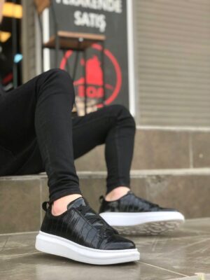 Lisinya946  Kalın Yüksek Beyaz Taban Desenli Çapraz Bant Siyah Erkek Ayakkabı