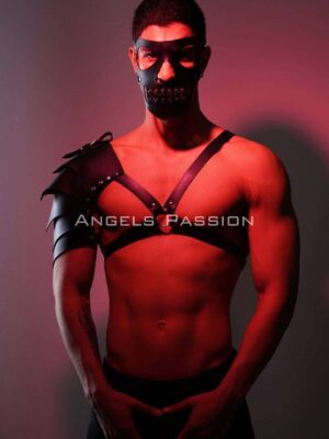 Lisinya41 Maske Detaylı Tek Kol Barbar Kostüm Takım, Erkek Deri Cosplay Takım - Ürün Rengi:Siyah